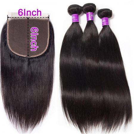 Straight Hair 3 Bundles With 6x6 Lace Closure