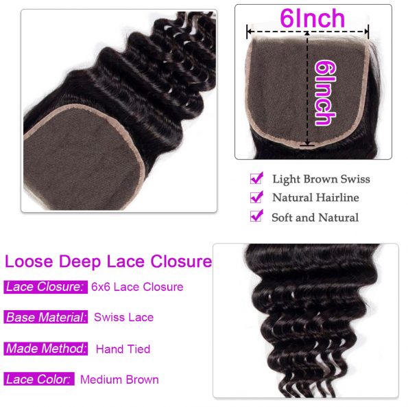 Loose Deep wave Hair 4 Bundles With 6×6 Lace Closure