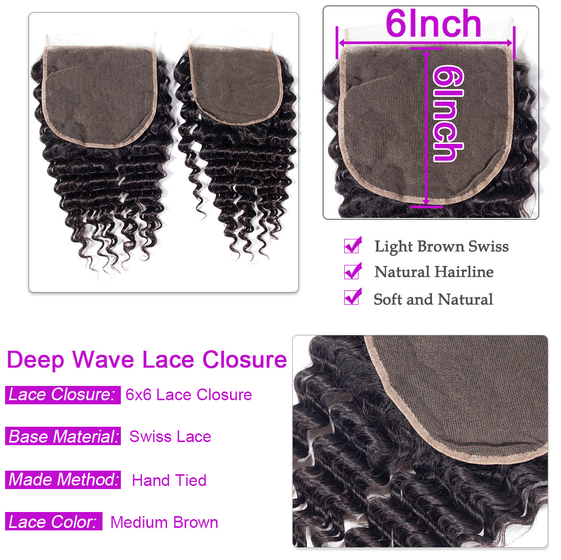 Deep wave Hair 4 Bundles With 6x6 Lace Closure
