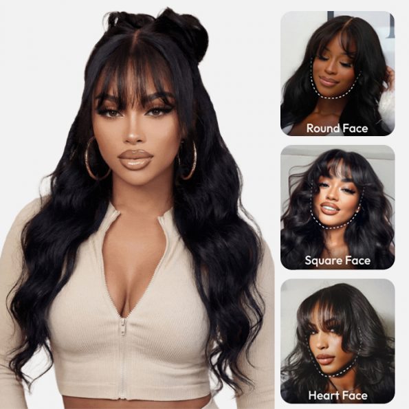 body wave wig with bang fit all face shape